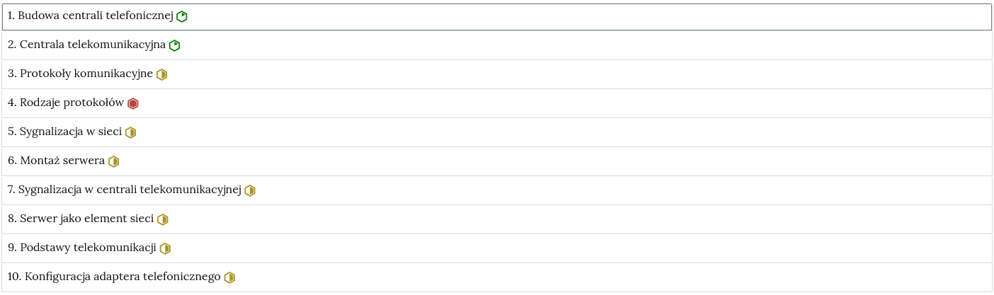 Ilustracja przedstawia przykładowy wygląd zakładek zawierających interaktywne materiały sprawdzające. Zakładki ułożone są jedna pod drugą, opatrzone są tytułem oraz numerem.