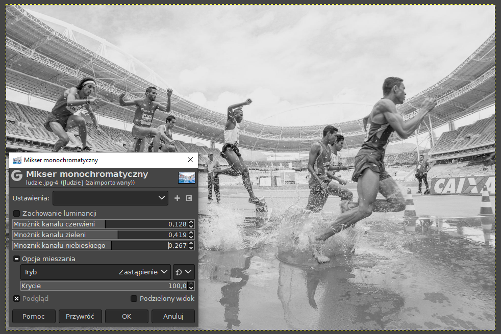 Ilustracja przedstawia okno programu. W obszarze roboczym jest zdjęcie biegnących zawodników na stadionie. Zdjęcie jest utrzymane w odcieniach szarości. Na tle zdjęcia jest okno o nazwie: Mikser monochromatyczny. Tam parametry: mnożnik kanału czerwieni 0,120, mnożnik kanału zieleni 0,419, mnożnik kanału niebieskiego 0,267. W Opcjach mieszania zaznaczono Tryb - Zastąpienie, Krycie - 100,0. Zaznaczono: Podgląd.   