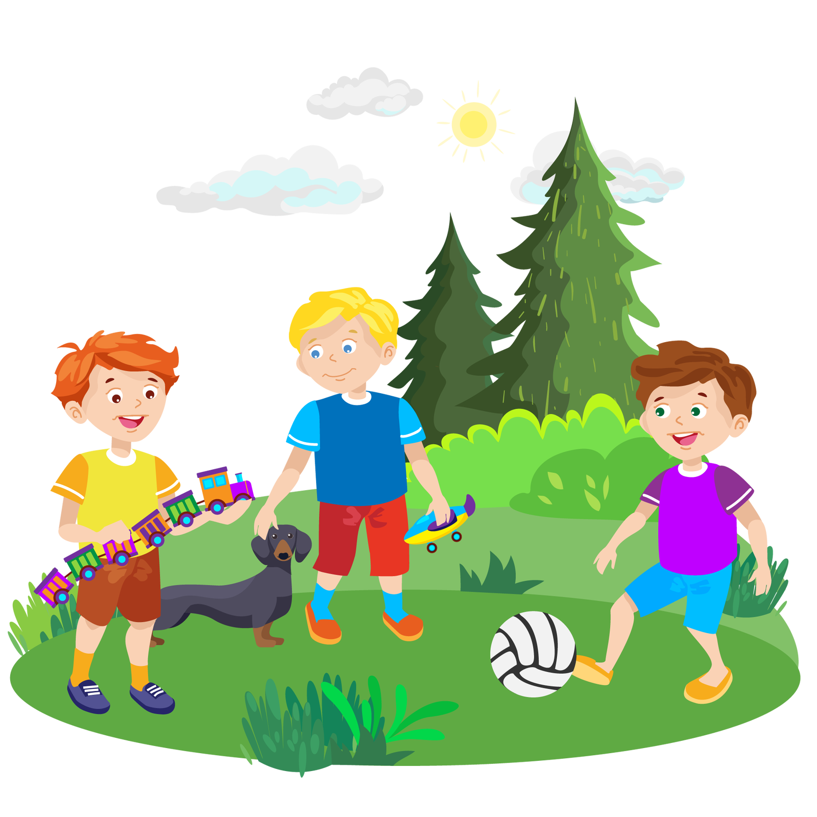 Ilustracja przedstawia zieloną polanę. W tle widać niebo ze słońcem i jasnymi chmurami. W oddali rosną dwa drzewa iglaste. Na pierwszym planie stoi trzech chłopców. Pierwszy od lewej to Franek. Ma krótkie rude włosy i jest ubrany w żółtą koszulkę z krótkimi pomarańczowymi rękawami, krótkie brązowe spodnie, pomarańczowe skarpety i granatowe buty z białymi sznurówkami. W rękach trzyma kolorowy pociąg. Na środku stoi chłopiec o krótkich blond włosach. Jest ubrany w ciemnoniebieską koszulkę z krótkimi jasnoniebieskimi rękawami, krótkie czerwone spodnie, jasnoniebieskie skarpety i ciemnopomarańczowe buty z pomarańczowymi podeszwami. W lewej ręce trzyma kolorowy samolot, a prawą ręką głaszcze brązowo‑czarnego psa, który stoi obok. Po prawej stronie widać chłopca o krótkich brązowych włosach. Jest on ubrany w fioletową koszulkę z krótkimi ciemnofioletowymi rękawami, krótkie niebieskie spodnie i pomarańczowe buty z żółtymi podeszwami. Chłopiec gra w piłkę.
