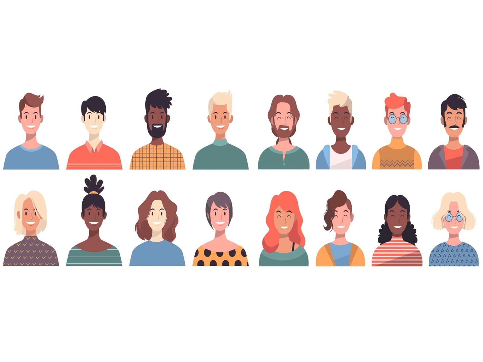 Ilustracja jest graficznym przedstawieniem szesnastu postaci w ujęciu od klatki piersiowej do głowy. Postaci są ustawione w dwóch rzędach. W górnym rzędzie widoczne są sylwetki ośmiu mężczyzn,  w dolnym rzędzie – ośmiu kobiet. Wszystkie postaci się uśmiechają. Każda postać wygląda inaczej. Różnią się od siebie odcieniem skóry, kolorem włosów, kształtem twarzy, okularami lub ich brakiem, a w przypadku mężczyzn zarostem lub jego brakiem.