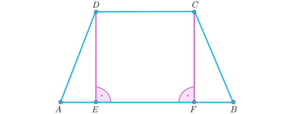 Ilustracja przedstawia trapez równoramienny ABCD. Podstawami są odcinki AB i DC. Wysokości to  odcinki DE oraz DF upuszczone na dłuższą podstawę. 