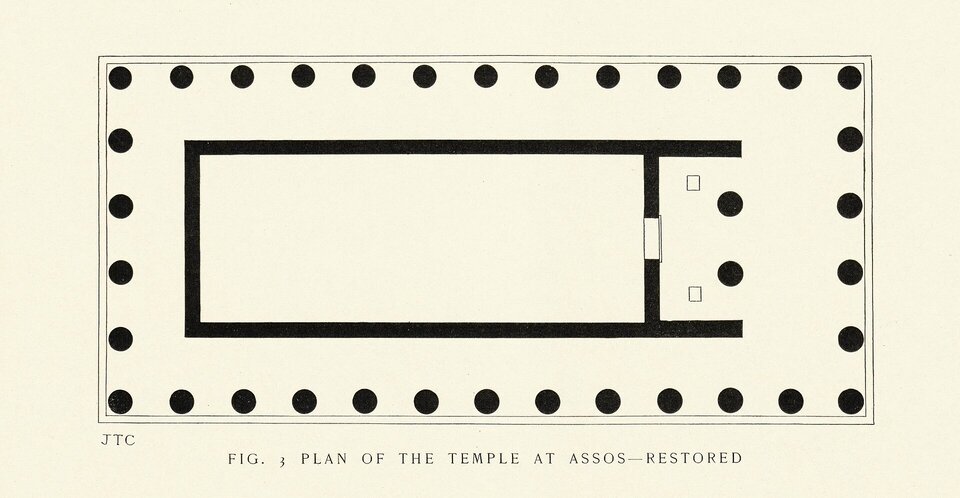 Ilustracja przedstawia plan Świątyni Ateny w Assos. Jest to czarno‑biały schemat, na który zaznaczono liczne kropki i odcinki, na planie prostokąta.