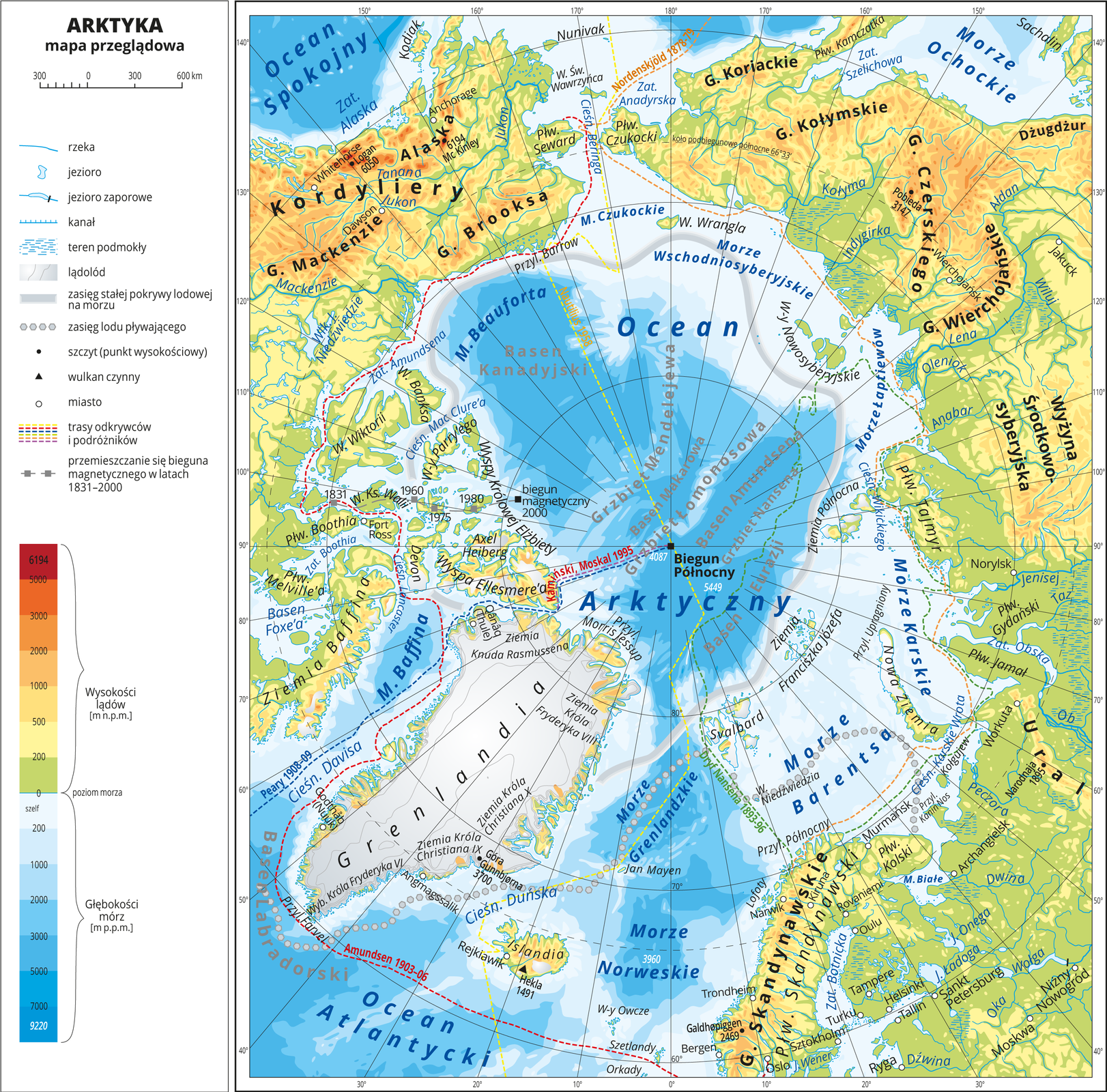Ilustracja przedstawia mapę przeglądową Arktyki. W obrębie lądów występują obszary w kolorze zielonym, żółtym, pomarańczowym i czerwonym. Morza zaznaczono sześcioma odcieniami koloru niebieskiego. Na mapie opisano nazwy wysp, półwyspów, głównych nizin, wyżyn i pasm górskich, mórz, zatok, rzek i jezior. Oznaczono i opisano główne miasta. Oznaczono czarnymi kropkami i opisano szczyty górskie. Mapa pokryta jest równoleżnikami i południkami. Dookoła mapy w białej ramce opisano współrzędne geograficzne co dziesięć stopni. W legendzie umieszczono i opisano znaki użyte na mapie.