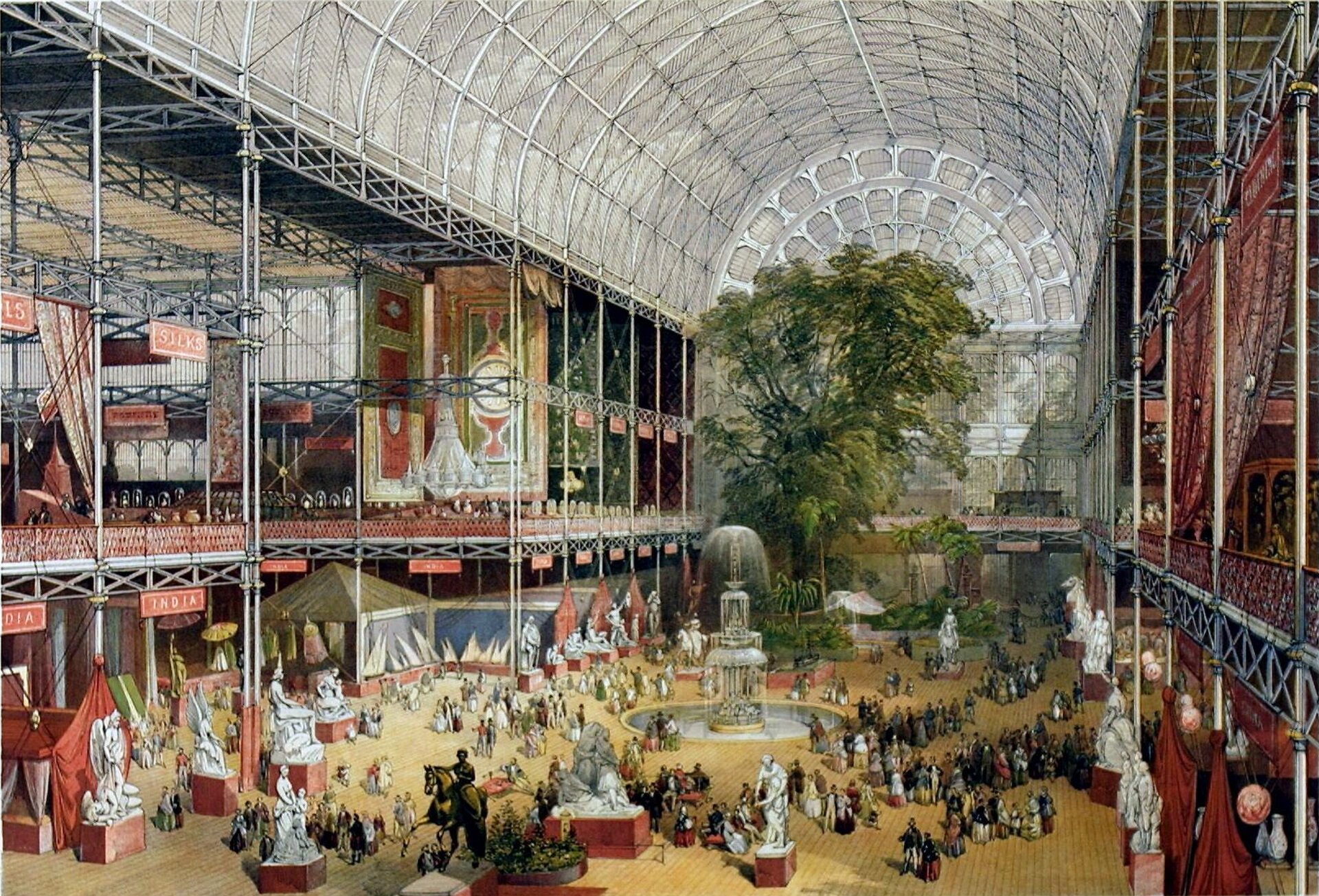 Ilustracja przedstawia widokiem wewnętrzny Crystal Palace w Londynie. Budynek z żeliwnych i szklanych prefabrykatów, miał 549 m długości i 43 m wysokości.