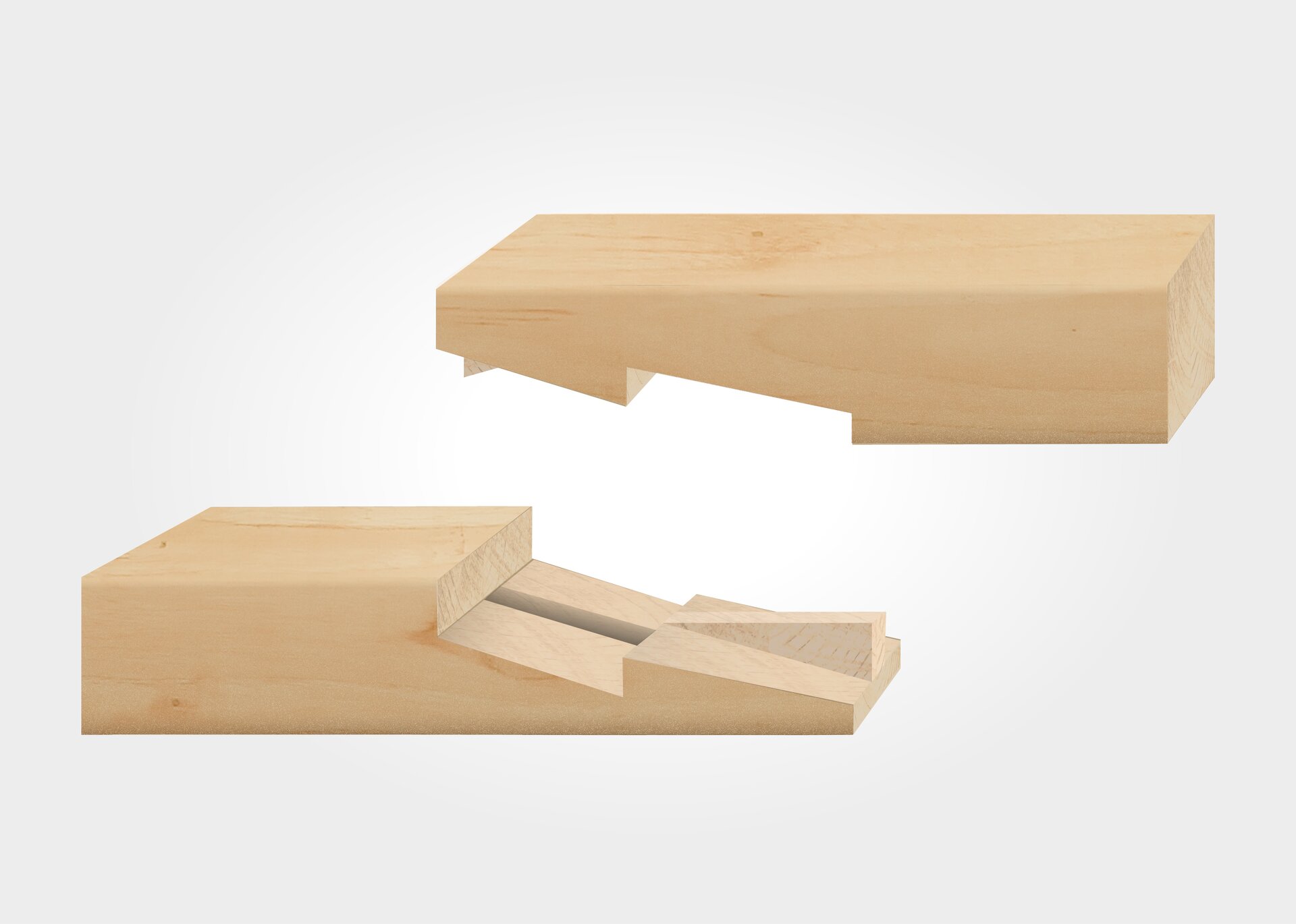 Ilustracja przedstawia złącze wrębowe na zamek ukośny z czopem wewnętrznym. Łączenie przebiega pod kątem względem osi elementu w dwóch płaszczyznach. Dodatkowo w jednej płaszczyźnie znajduje się otwór, a w drugiej wypust, zaś w drugim elemencie odwrotnie. Po połączeniu wypust w płaszczyźnie jednego elementu wchodzi w gniazdo znajdujące się w płaszczyźnie łączenia drugiego elementu.