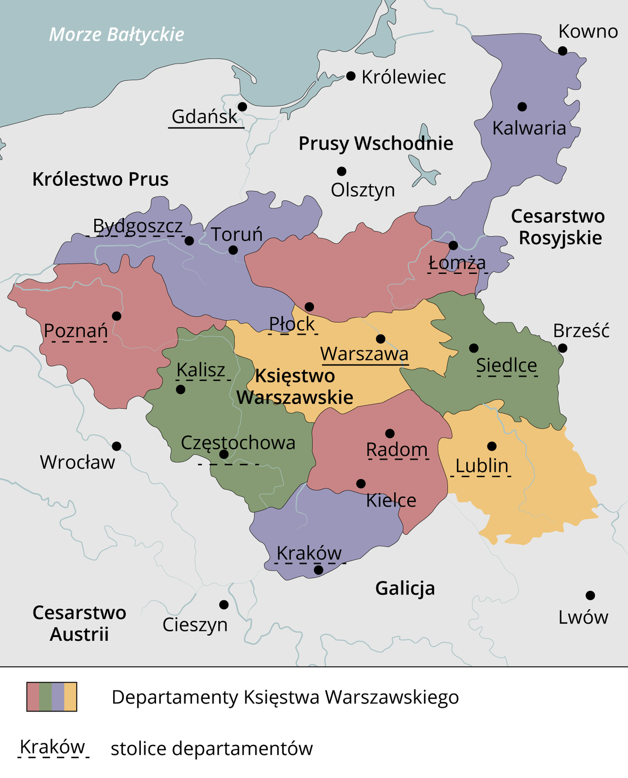 Ilustracja przedstawia mapę administracyjną Księstwa Warszawskiego. Od północy sąsiaduje z Królestwem Prus i Prusami Wschodnimi, od wschodu z Cesarstwem Rosyjskim, od zachodu z Królestwem Prus i Cesarstwem Austrii, od południa z Cesarstwem Austrii i Galicją. Księstwo Warszawskie podzielone jest na departamenty. Są one następujące: na zachodzie departament ze stolicą w Poznaniu, departament ze stolicami w Kaliszu i Częstochowie, na południu departament ze stolicą w Krakowie, departament ze stolicą w Radomiu, na wchodzie departament ze stolicą w Lublinie, departament ze stolicą w Siedlcach, departament ze stolicą w Łomży, na północy departament ze stolicą w Bydgoszczy, departament ze stolicą w Płocku, w centrum departament ze stolicą w Warszawie.