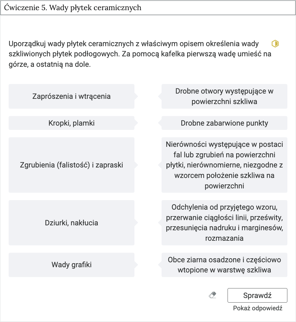 Grafika przedstawia przykładowe ćwiczenie, będące elementem interaktywnych materiałów sprawdzających. Ćwiczenie na dopasowanie dotyczy wad płytek ceramicznych.
