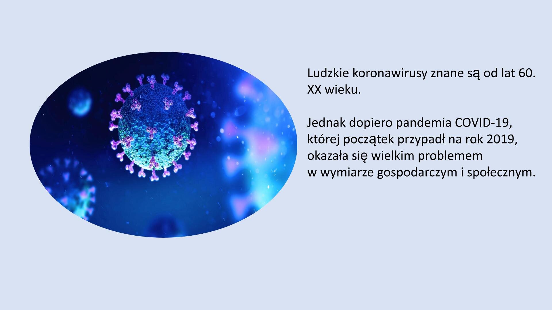 Jasnoniebieski slajd. Z lewej strony slajdu ilustracja przedstawia niebieskie koronawirusy na granatowym tle. Z prawej strony slajdu tekst: „Ludzkie koronawirusy znane są od lat 60. XX wieku. Jednak dopiero pandemia COVID‑19, której początek przypadł na rok 2019, okazała się wielkim problemem w wymiarze gospodarczym i społecznym”.