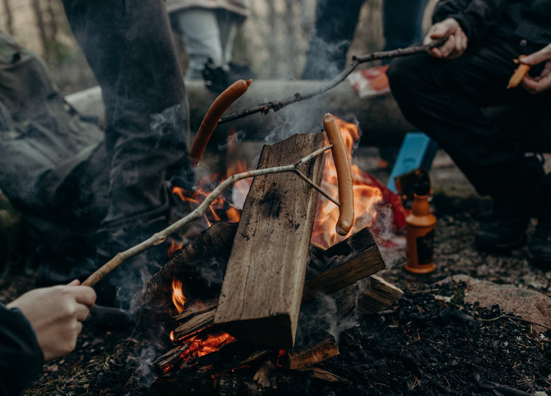 Zdjęcie ukazuje ognisko, i dłonie osób, które pieką kiełbasi na kijkach.