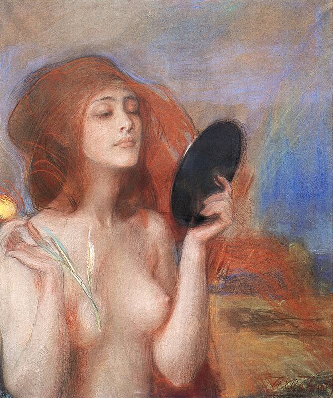 Ilustracja przedstawia młodą, nagą kobietę ukazaną od pasa w górę. Na długie, rozwiane włosy, owalną twarz, cienkie brwi, przymknięte oczy, prosty nos, wydatne usta, lekko uniesioną głowę. Ma długą szyję i niewielkie, sterczące piersi. W prawej dłoni trzyma tulipan, w lewej lusterko. Przygląda się swojemu odbiciu.