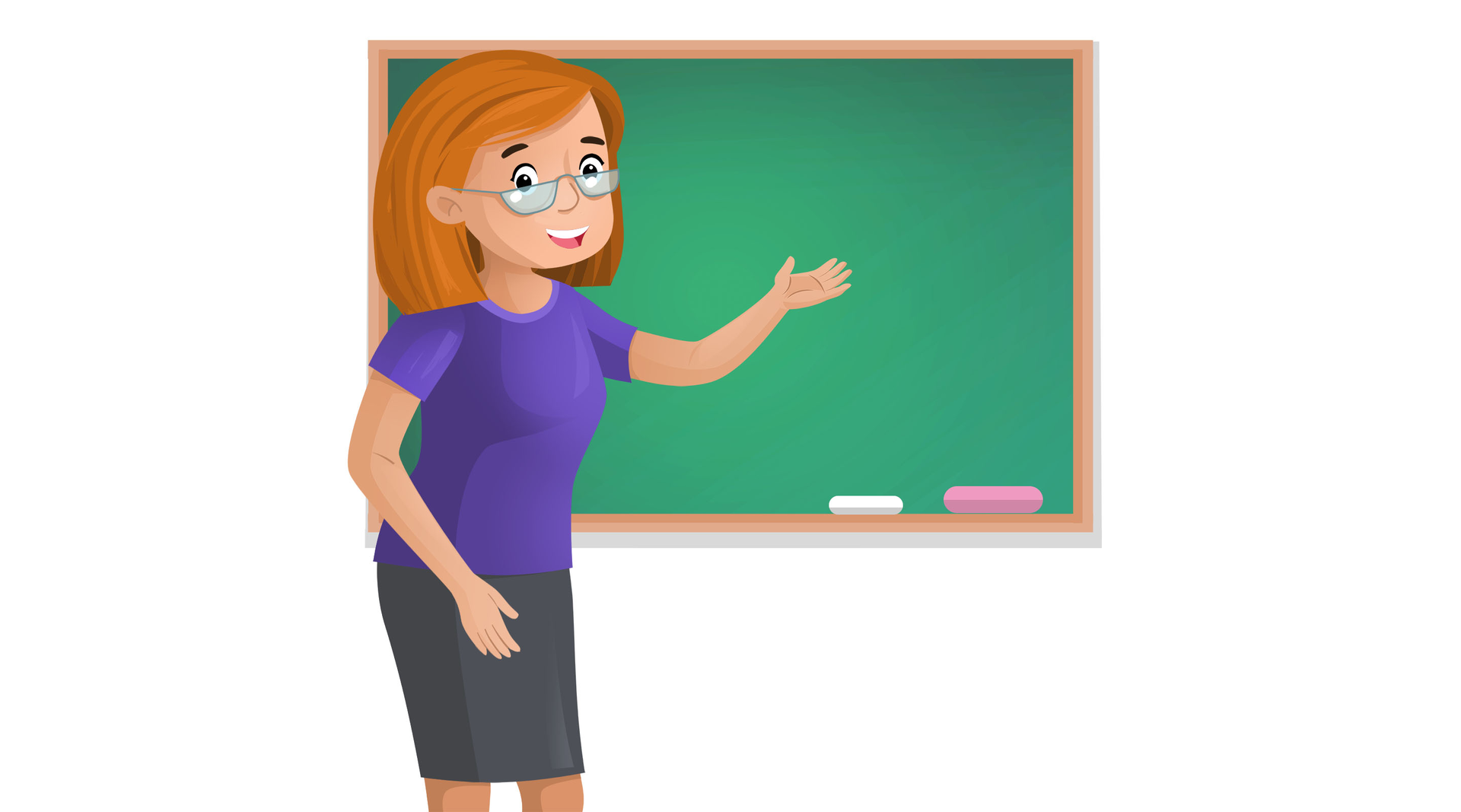 Ilustracja z kobietą w spódniczce i okularach, wskazującą ręką tablicę. 