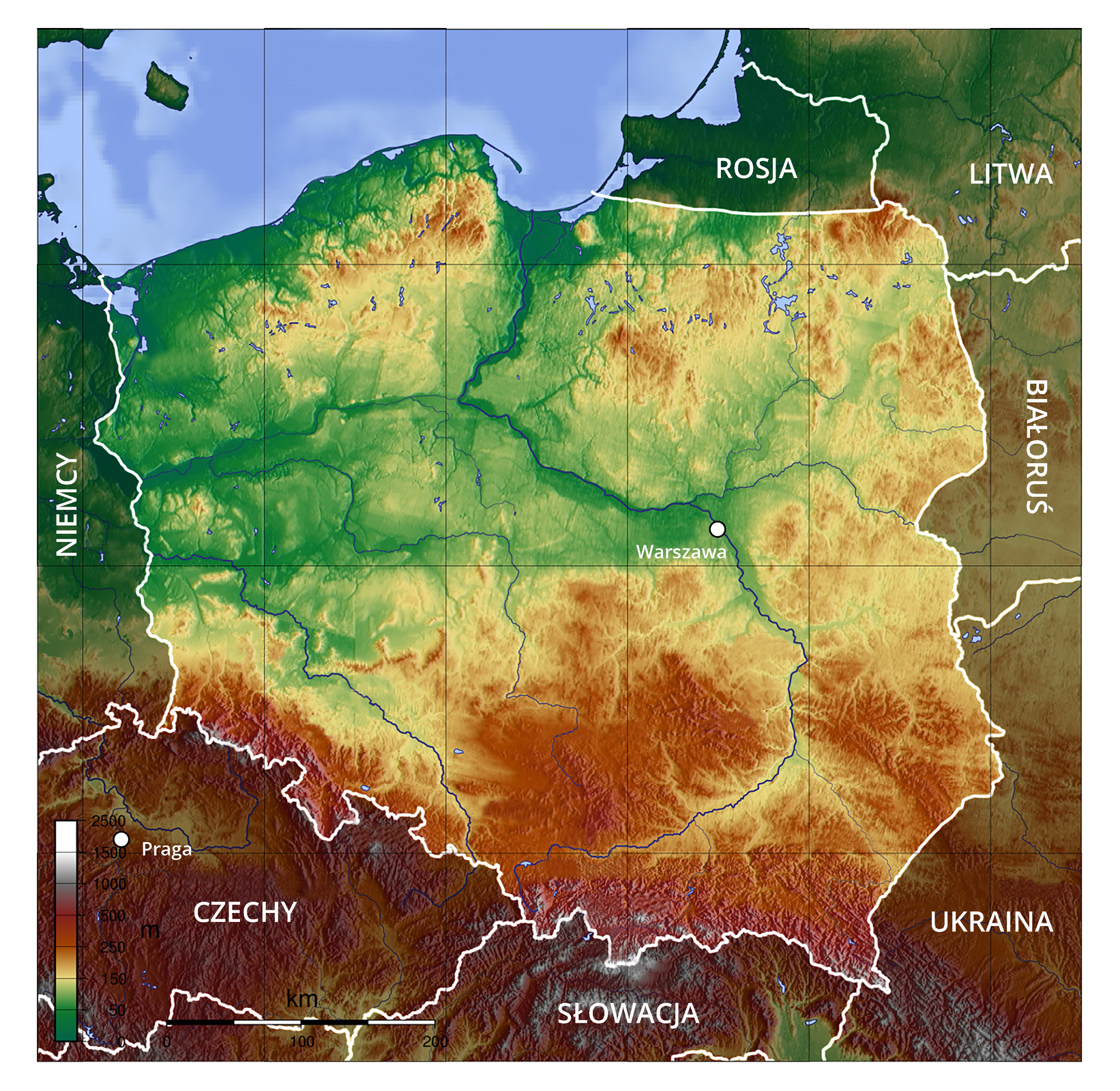 Mapa fizyczna Polski z zaznaczoną stolicą – Warszawą i państwami ościennymi: Rosją, Litwą, Białorusią, Ukrainą, Słowacją, Czechami i Niemcami.