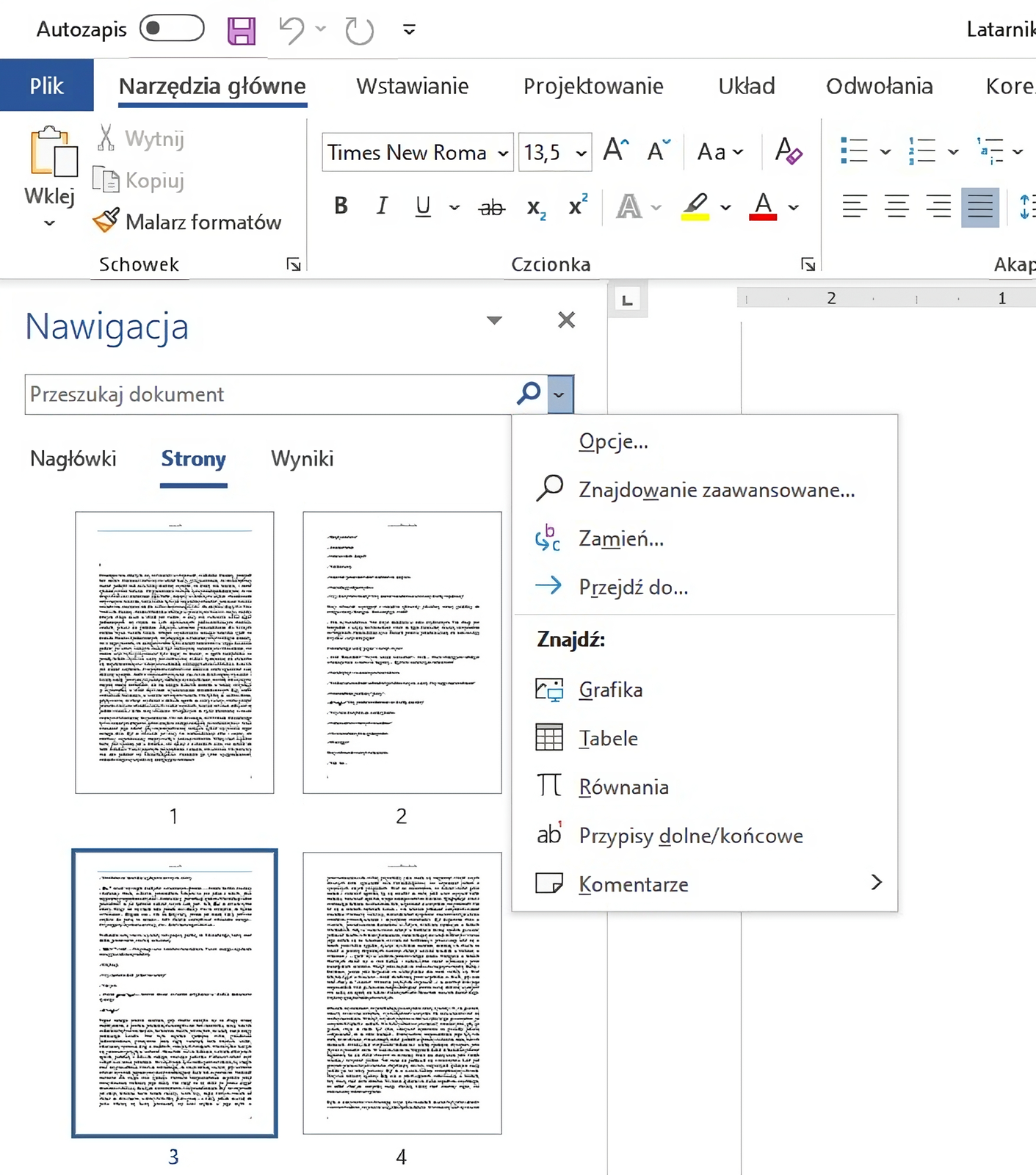 Zrzut okna programu Microsoft Word z otwartym okienkiem nawigacji i opcjami czego chcemy wyszukać. Aby otworzyć takie okno należy nacisnąć na lupkę.