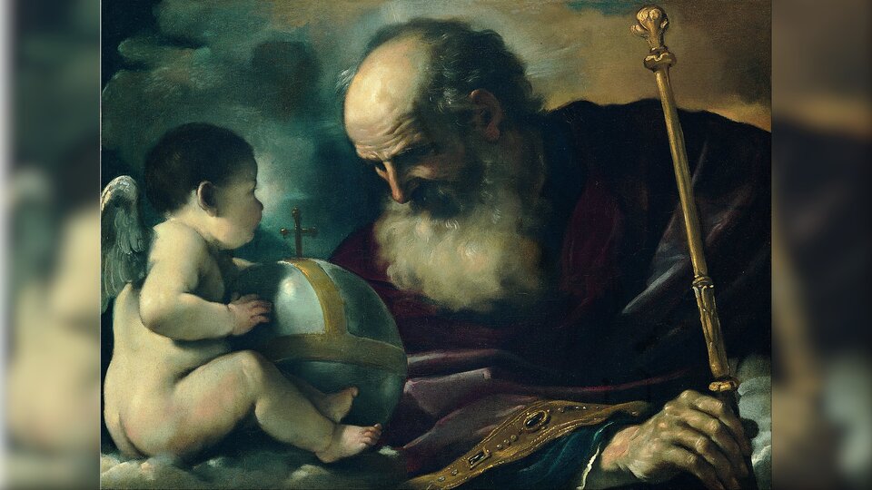 Obraz przedstawia brodatego starca, który nachyla się nad ziemskim globem trzymanym przez małego aniołka.