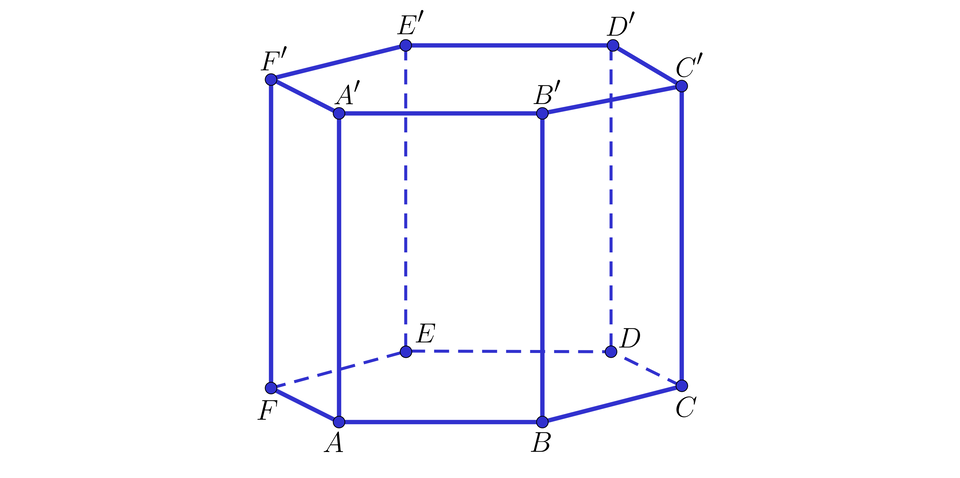 Ilustracja przedstawia graniastosłup sześciokątny prawidłowy, w którym wierzchołki dolnej podstawy opisano: A, B, C, D, E, F , natomiast wierzchołki górnej podstawy opisano A prim, B prim, C prim, D prim, E prim, F prim.	