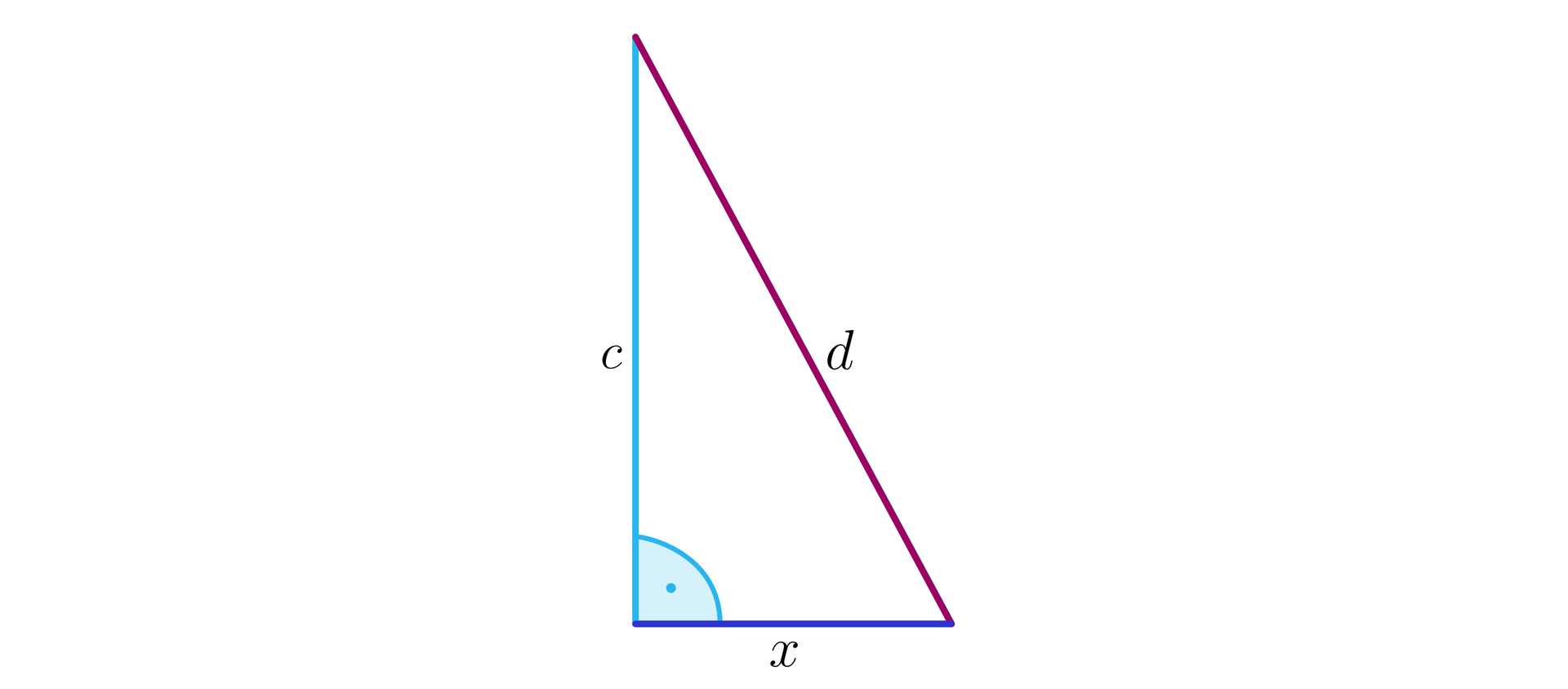 Na ilustracji przedstawiono trójkąt prostokątny o przyprostokątnych c i x, oraz przeciwprostokątnej d.