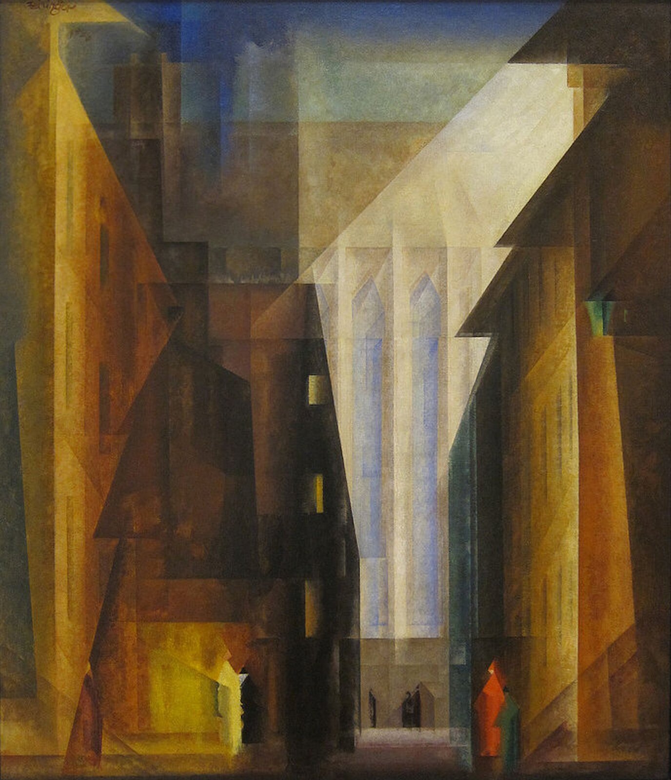 Ilustracja przedstawia obraz Lyonela Feiningera „Kościół Minorytów II”. Ukazuje fasadę kościoła z gotyckimi oknami. Po obu stronach przysłaniają ją dwa budynki. U dołu znajdują się postacie. Na obraz nałożone są geometryczne, przeźroczyste smugi, które powodują, że świątynia jest rozjaśniona i mniej wyraźna.
