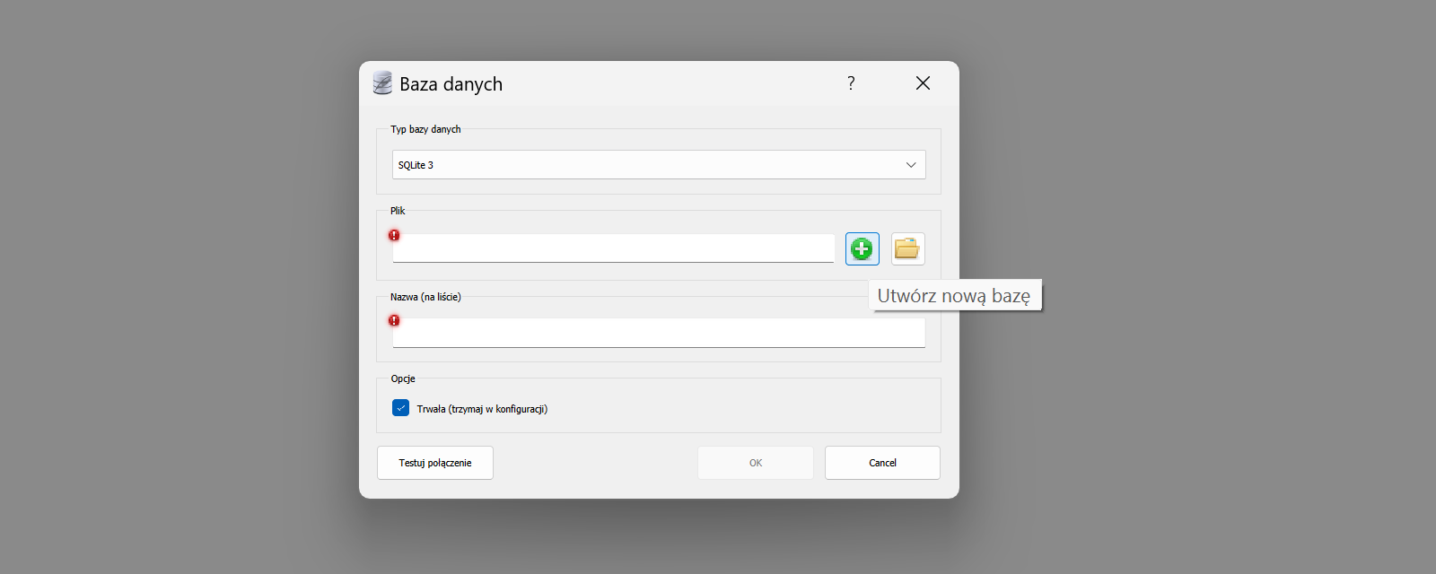 Na zdjęciu przedstawiono zrzut ekranu przedstawiający okno tworzenia nowej bazy danych w programie SQL lite Studio. W oknie tworzenia znajdują się następujące pola Typ bazy danych, plik nazwa na liście. W polu typ bazy danych widoczny jest napis: SQL lite 3. Pozostałe pola są puste. Na dole znajduje się pole wyboru: opcje. W polu zaznaczona jest opcja: trwała trzymaj w konfiguracji. Na dole widoczne są przyciski: testuj połączenie, ok, cancel. 