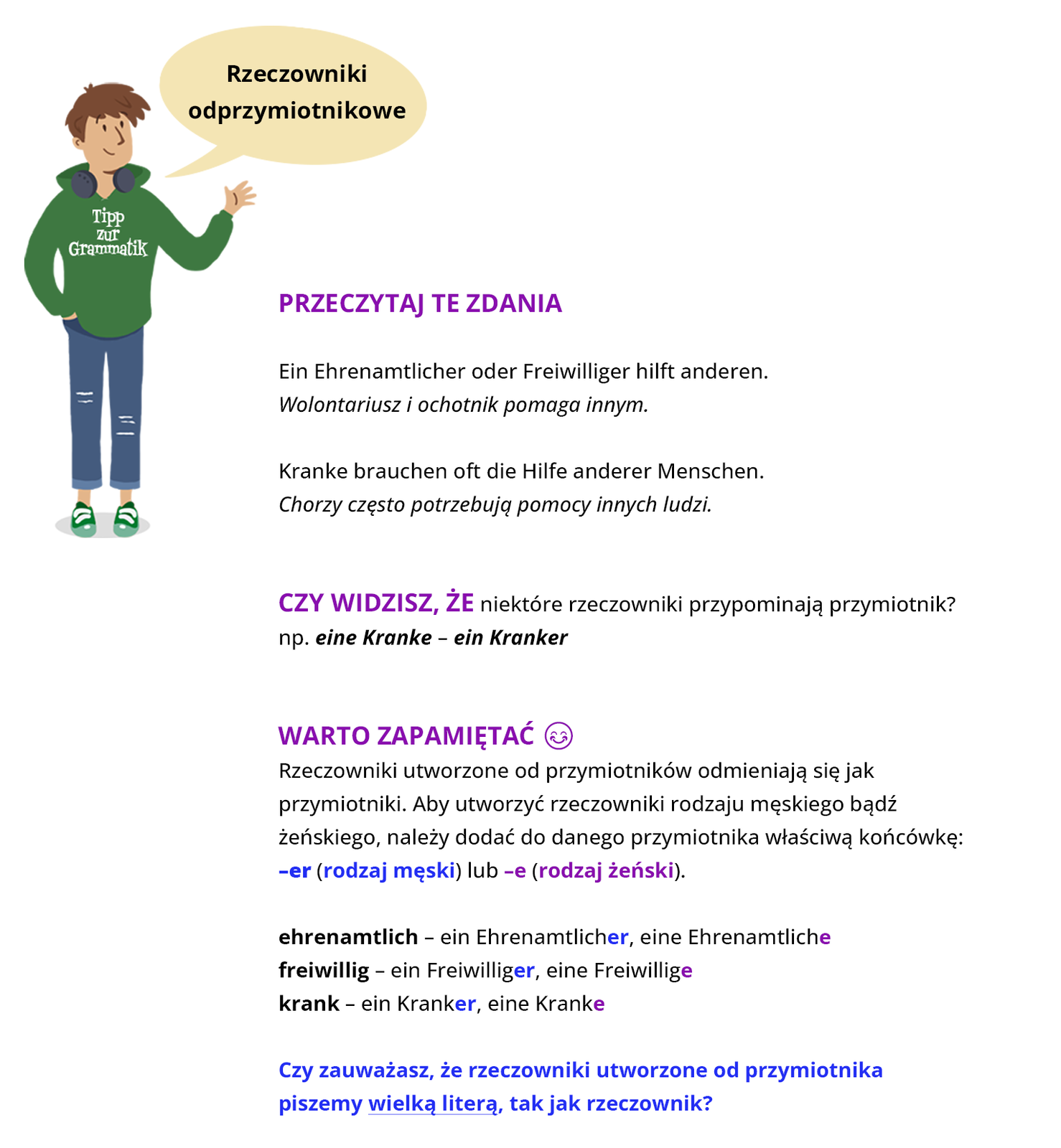 Ilustracja zawiera poradę językową.
Grafika przedstawia chłopca ubranego w zieloną bluzę z napisem Tipp zur Grammatik oraz w niebieskie spodnie.
Chłopiec mówi: Rzeczowniki odprzymiotnikowe.
Pozostałą część ilustracji stanowi tekst, którego treść wyświetla się w trybie dostępności.