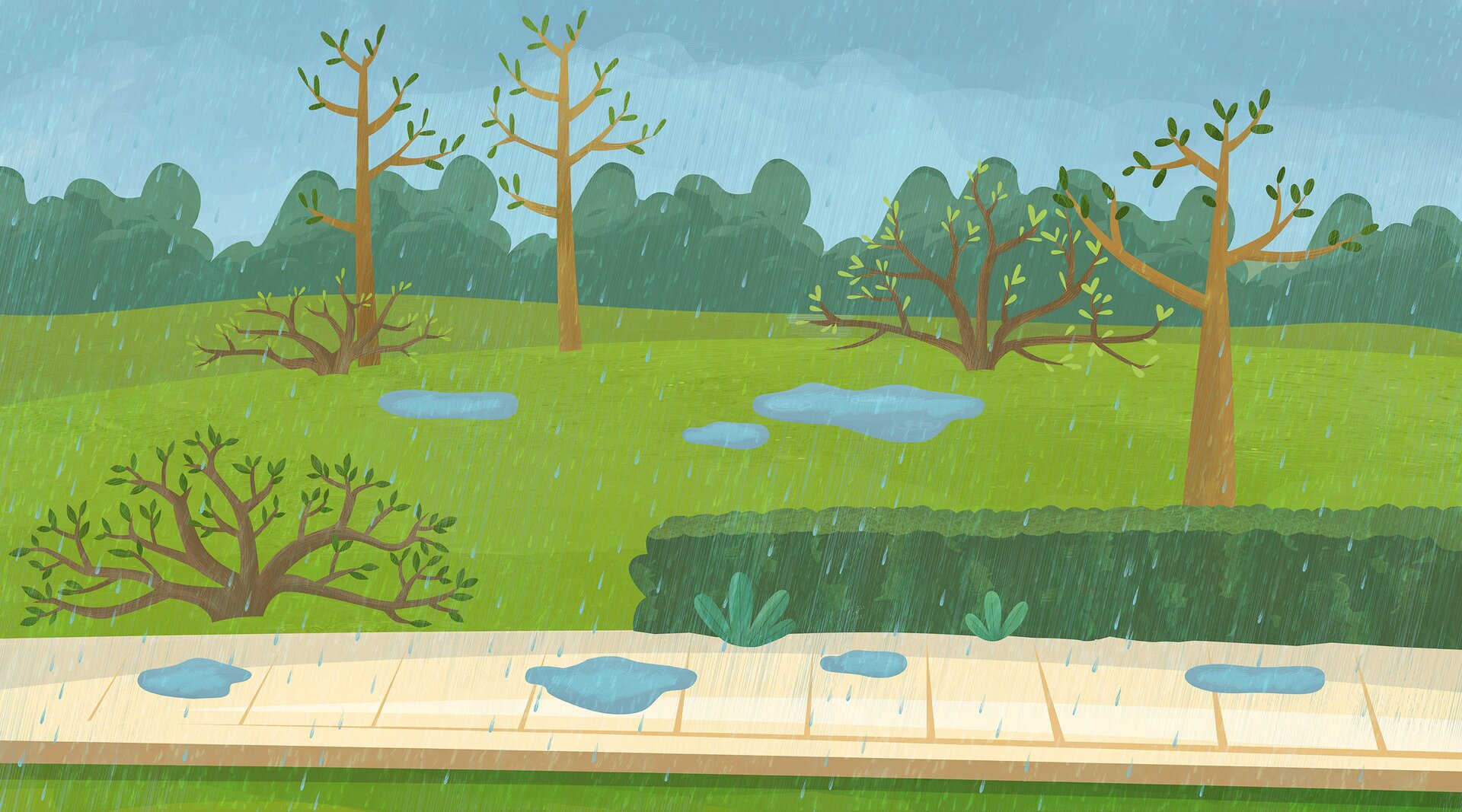 Na ilustracji znajduje się pogoda wiosenna. Pada deszcz.