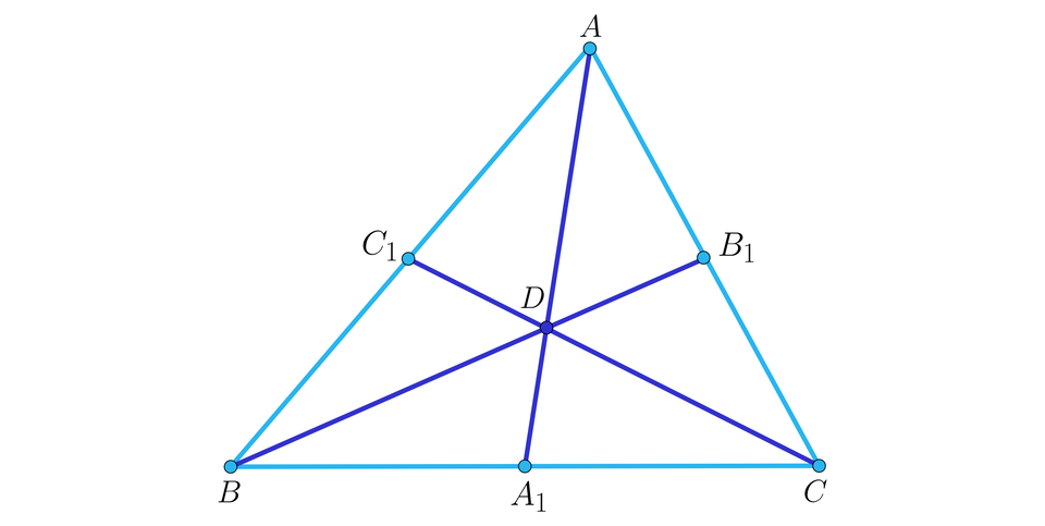 Na ilustracji przedstawiono trójkąt A B C. Z wierzchołka A poprowadzono środkową do punktu A indeks dolny, jeden, koniec indeksu dolnego, leżącego na boku B C. Z wierzchołka B poprowadzono środkową do punktu B indeks dolny, jeden, koniec indeksu dolnego, leżącego na boku A C. Z wierzchołka C poprowadzono środkową do punktu C indeks dolny, jeden, koniec indeksu dolnego, leżącego na boku A B. Zaznaczono punkt D w miejscu przecięcia wszystkich środkowych tego trójkąta.