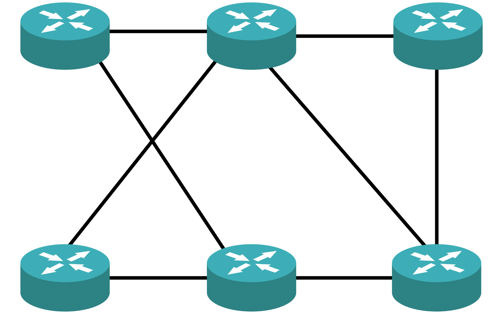 Ilustracja przedstawia sześć niebieskich krążków, na których znajdują się cztery strzałki. Krążki są połączone ze sobą czarnymi liniami. Krążki ułożone są w dwóch rzędach po trzy krążki.