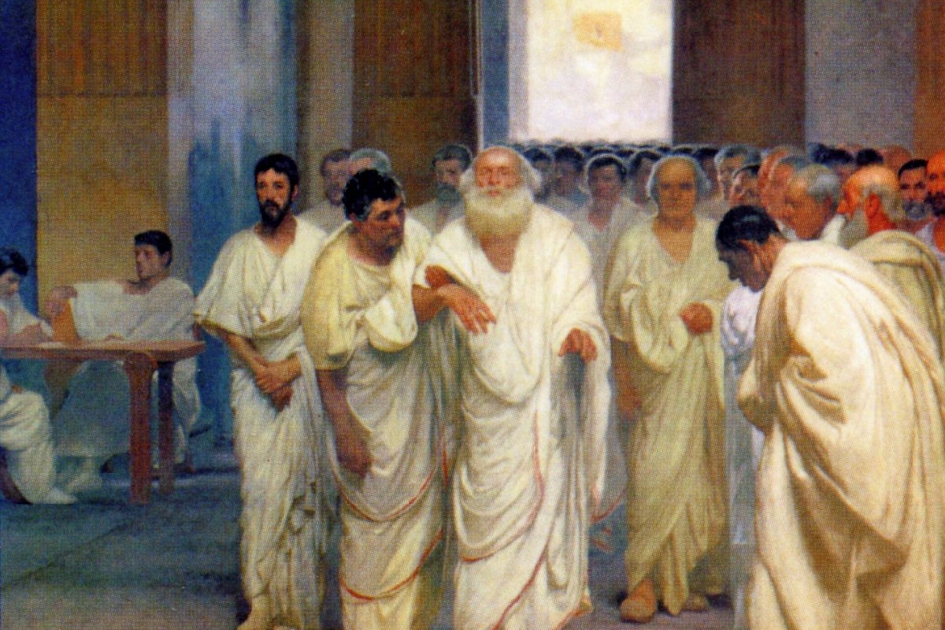 Ilustracja przedstawia starego ślepca prowadzonego przez mężczyzn. Starzec ma długą siwą brodę, długie włosy. Ubrany jest w białą szatę. Jedną dłoń ma wyciągniętą przed siebie. Za dłoń trzyma go mężczyzna w średnim wieku i prowadzi do wnętrza budynku. 