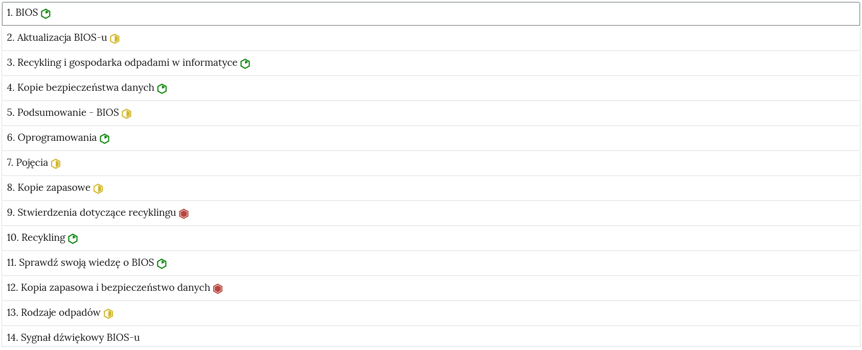Prezentowany jest przykładowy układ zakładek zawierających interaktywne materiały sprawdzające. Zakładki mają prostokątny kształt, opatrzone są numerem oraz tytułem. Obok tytułu widoczne są oznaczenia poziomu trudności zadań w postaci sześciokątów. Pierwszy sześciokąt jest koloru zielonego z białym wnętrzem, którego jeden fragment jest zielony.Fragment ten ma formę trójkąta, którego podstawę tworzy jeden bok sześciokąta. Druga ikonka ma żółty kolor. Jej połowa jest biała, a druga połowa jest żółta. Trzecia ikonka jest czerwona, przy czym cały jej środek jest pokryty czerwienią. 