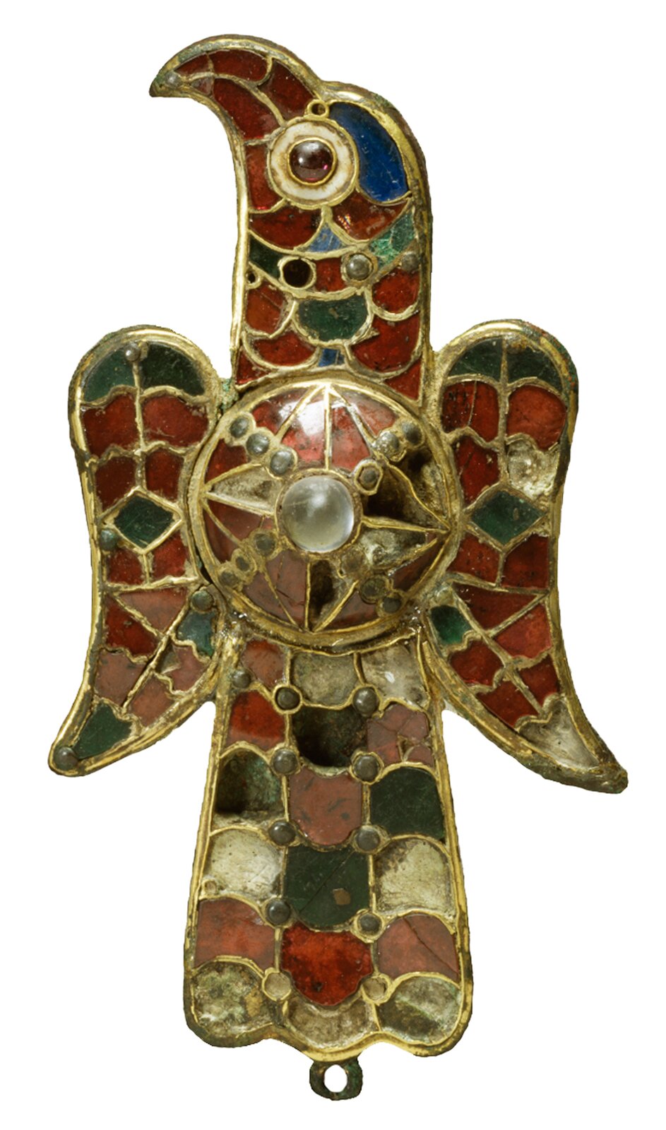 Ozdobna zapinka do szat używana przez Gotów. Kształtem przypomina pionowo ułożonego ptaka z dziobem zakrzywionym w lewą stronę na zdjęciu. Zapinka ma charakter mozaiki, wypełnionej kolorowymi - bordowymi, zielonymi, białymi i niebieskimi płytkami - w różnych kształtach, z pozłacanym obramowaniem. Na wysokości klatki piersiowej mozaika ma wybrzuszenie z guzkiem z umieszczoną w środku perłą i obramowaniem idącym w układzie litery "X" z umieszczonymi kolejno perłami. 