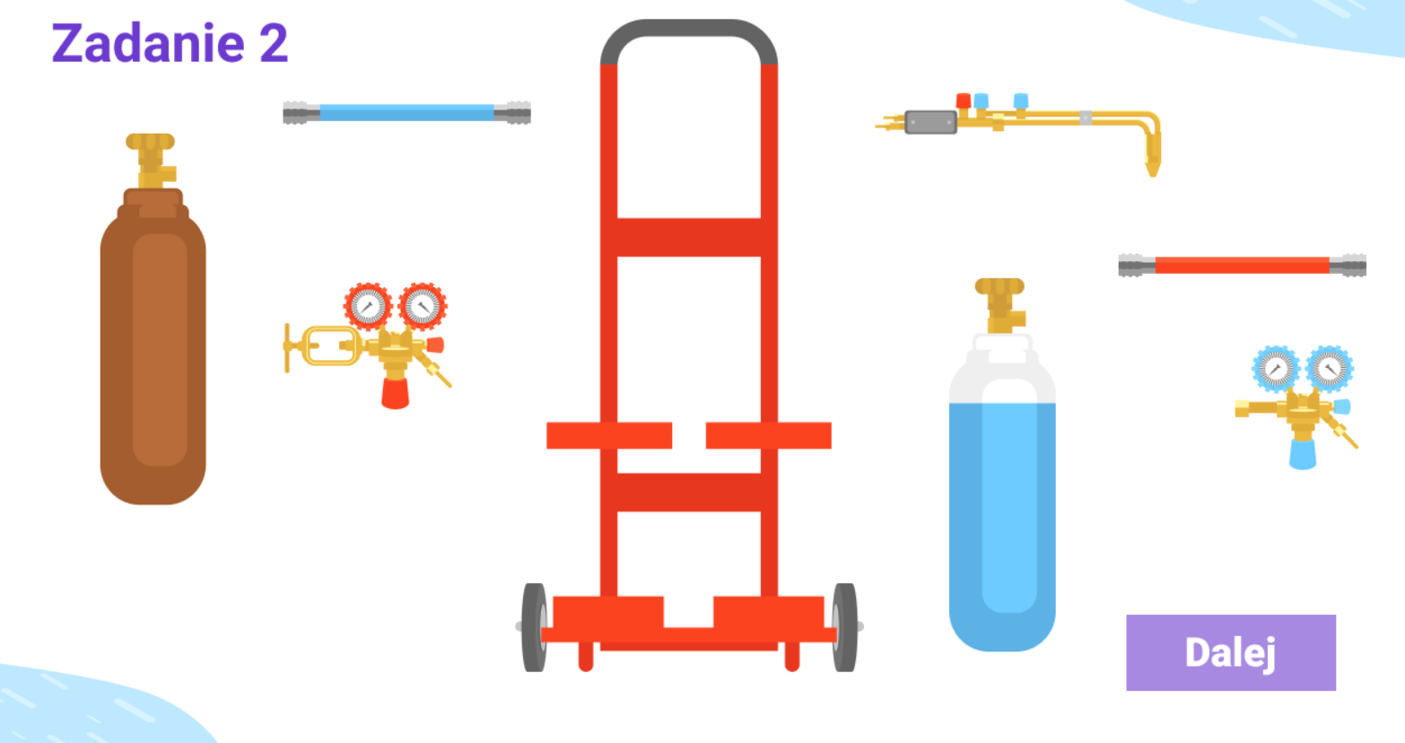 Grafika przedstawia ekran zadania drugiego gry edukacyjnej. Widoczne są na nim dwie butle, dwa zawory, dwa zawory i jeden palnik. Elementy są rozrzucone po ekranie. Na środku widać wózek na butle, trzeba do niego za pomocą myszy przeciągnąć obie butle, a następnie do butli kolejne elementy.