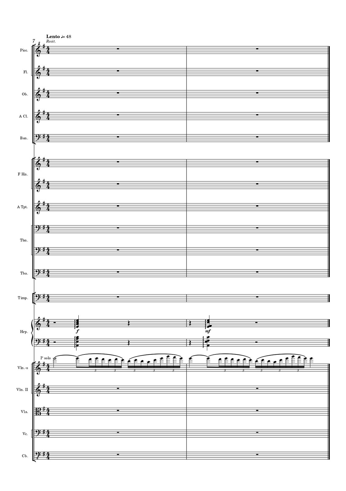 Na drugiej stronie, w taktach od siódmego do ósmego, grają wyłącznie pierwsze skrzypce oraz harfa. Pozostałe instrumenty, czyli flety piccolo [czytaj: pikolo], flety, oboje, klarnety, fagoty, waltornie, trąbki, puzony, tuby, kotły, harfa oraz pozostała część kwintetu skrzypcowego mają zapisane pauzy generalne. W siódmym takcie metrum zmienia się na cztery czwarte, a tempo na lento, czyli wolno, z dodatkowym oznaczeniem czterdziestu ośmiu ćwierćnut na minutę. Harfa w kluczu wiolinowym w takcie siódmym na pierwszą miarę ma zapisaną pauzę półnutową, na miarę trzecią ćwierćnutę‑czterodźwięk, złożoną z nut e, a, c oraz ponownie e, czyli z rozłożonym akordem a‑moll; akord zagrany jest jako arpeggio [czytaj: arpedżjo] z dynamiką forte. Na czwartą miarę harfa ma zapisaną pauzę ćwierćnutową. W takcie ósmym na pierwszą miarę zapisano pauzę ćwierćnutową, na miarę drugą ćwierćnutę‑czterodźwięk, złożoną z nut e, fis, c oraz e, zagraną jako arpeggio [czytaj: arpedżjo] z dynamiką mezzoforte [czytaj: medzoforte]. Na trzecią miarę zapisano pauzę półnutową. W kluczu basowym harfa w takcie siódmym na pierwszą miarę ma zapisaną pauzę półnutową, na miarę trzecią ćwierćnutę‑czterodźwięk, złożoną z nut a, e, ponownie a oraz c, czyli z rozłożonym akordem a‑moll; akord zagrany jest jako arpeggio [czytaj: arpedżjo] z dynamiką forte. Na czwartą miarę harfa ma zapisaną pauzę ćwierćnutową. W takcie ósmym na pierwszą miarę zapisano pauzę ćwierćnutową, na miarę drugą ćwierćnutę‑czterodźwięk, złożoną z nut a, e, fis oraz c, zagraną jako arpeggio [czytaj: arpedżjo] z dynamiką mezzoforte [czytaj: medzoforte]. Na trzecią miarę zapisano pauzę półnutową. W partii pierwszych skrzypiec, które grają solo, na pierwszą miarę w takcie siódmym zapisano półnutę e, przedłużoną o ósemkę do miary trzeciej, a dalej jako jedną frazę triole szesnastkowe; kolejno dźwięki d, e, d, c, d oraz c. Na miarę czwartą zapisano jako jedną frazę kolejne triole szesnastkowe: h, c, h, a, c, e, g, fis oraz e. W ósmym takcie na pierwszą miarę zapisano ćwierćnutę e, przedłużoną o ósemkę do drugiej miary, a dalej jako jedną frazę triole szesnastkowe: d, e, d, c, d oraz c. Na miarę trzecią zapisano jako jedną frazę triole szesnastkowe, złożone z dźwięków: h, c, h, a, c, e, g, fis, e. Na miarę czwartą zapisano ćwierćnutę e.