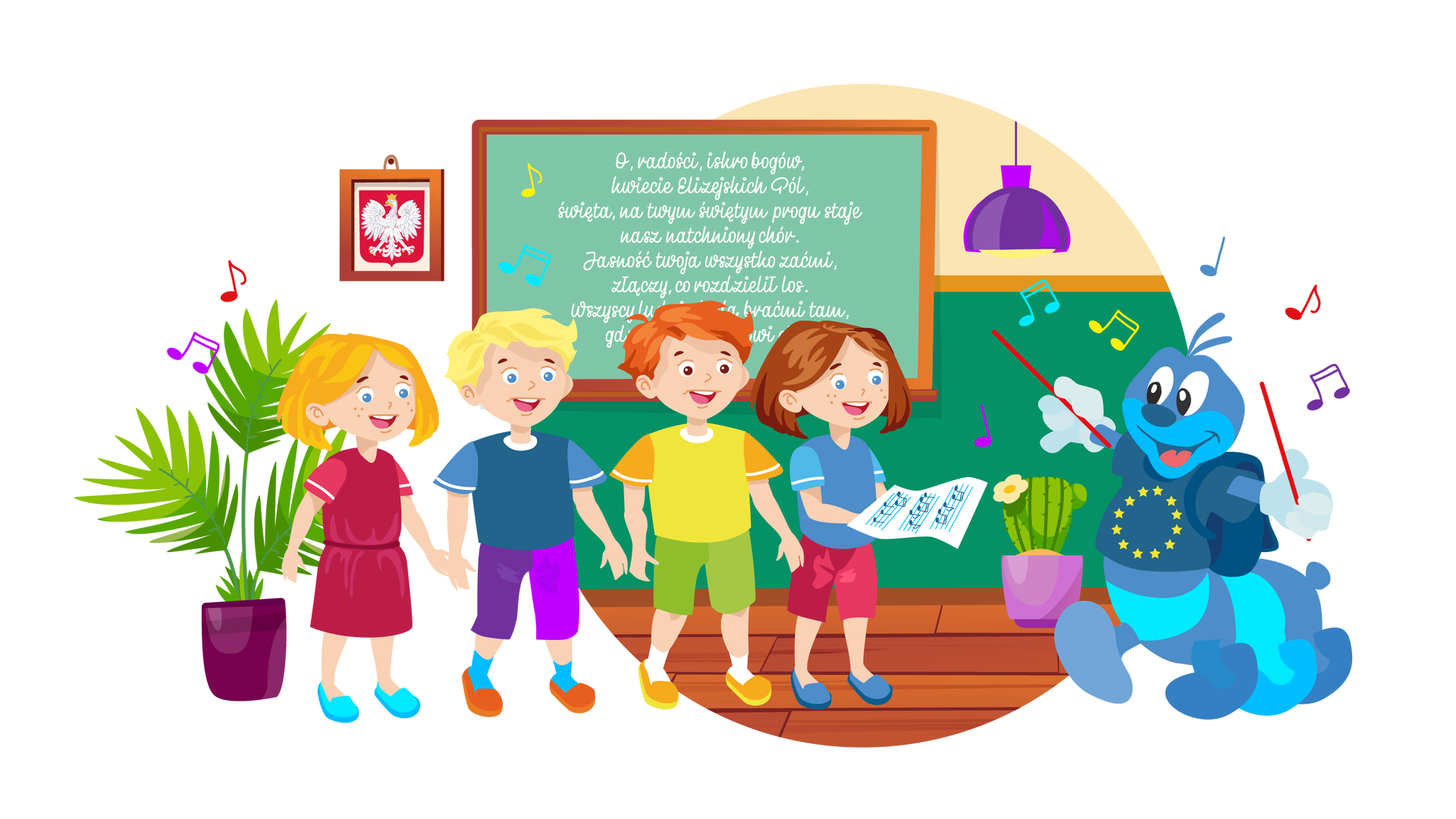 Ilustracja przedstawia klasę szkolną. W tle widać beżowo‑zieloną ścianę, na której wisi zielona tablica w brązowej ramie. Na tablicy znajduje się biały napis: „O, radości, iskro bogów, kwiecie Elizejskich Pól, święta, na twym świętym progu staje nasz natchniony chór. Jasność twoja wszystko zaćmi, złączy, co rozdzielił los. Wszyscy ludzie będą braćmi tam, gdzie twój przemówi głos”. Po lewej stronie wisi godło Polski w brązowej ramie. Przedstawia Orła Białego ze złotymi pazurami, w złotej koronie, na czerwonym tle. Po prawej stronie zwisa z sufitu fioletowa lampa. Pod ścianą stoi na drewnianej podłodze zielony kaktus w fioletowej donicy. Na pierwszym planie, po lewej stronie ilustracji, stoi duża zielona roślina w donicy koloru śliwkowego. Obok jest czworo dzieci ustawionych w rzędzie. Pierwsza od lewej jest blondwłosa dziewczynka ubrana w ciemnoróżową sukienkę z krótkimi rękawami i błękitne buty. Drugi jest blondwłosy chłopiec ubrany w ciemnoniebieską koszulkę z krótkimi niebieskimi rękawami, krótkie fioletowe spodnie, niebieskie skarpety i pomarańczowe buty. Trzeci jest Franek, a czwarta Maja. Maja trzyma w rękach zapis nutowy utworu „Oda do radości”. Wszystkie dzieci go śpiewają. Po prawej stronie stoi Syriusz. Jest to maskotka Unii Europejskiej przypominająca niebieską stonogę. Nosi granatową koszulkę z gwiazdkami z flagi Unii Europejskiej, granatowy plecak i białe rękawiczki. Na ilustracji trzyma w dłoniach dwie czerwone batuty, czyli pałeczki służące dyrygentowi do wskazywania muzykom, jak mają grać. Nad Syriuszem i dziećmi unoszą się kolorowe nutki.