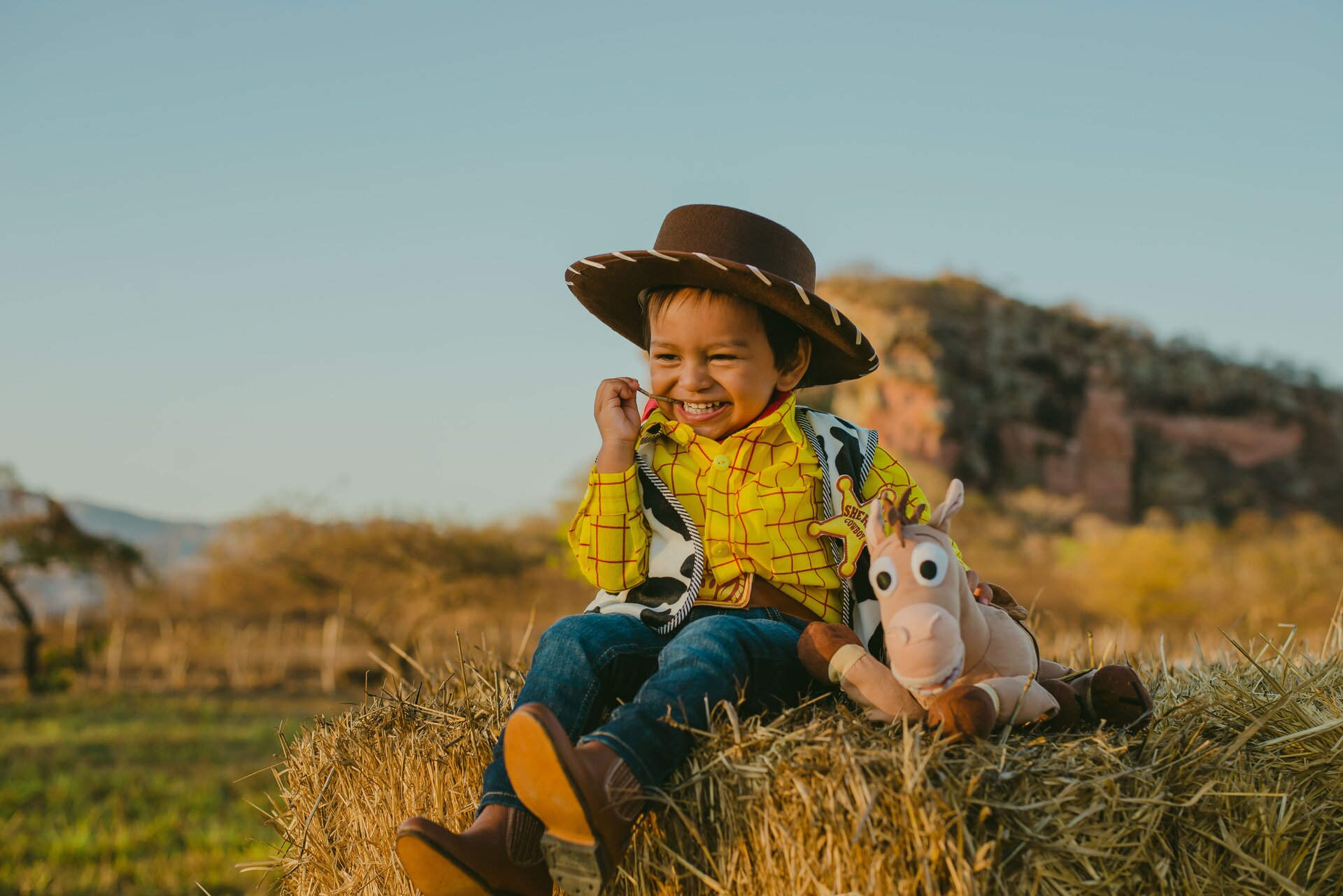 Ilustracja przedstawia uśmiechniętego chłopca przebranego za kowboja z bajki Toy Story, trzymającego swoją maskotkę – konika. 