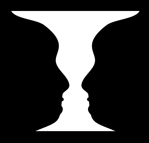 Ilustracja przedstawia złudzenie optyczne. Znajduje się na nim biały kielich lub dwie zwrócone do siebie czarne twarze.