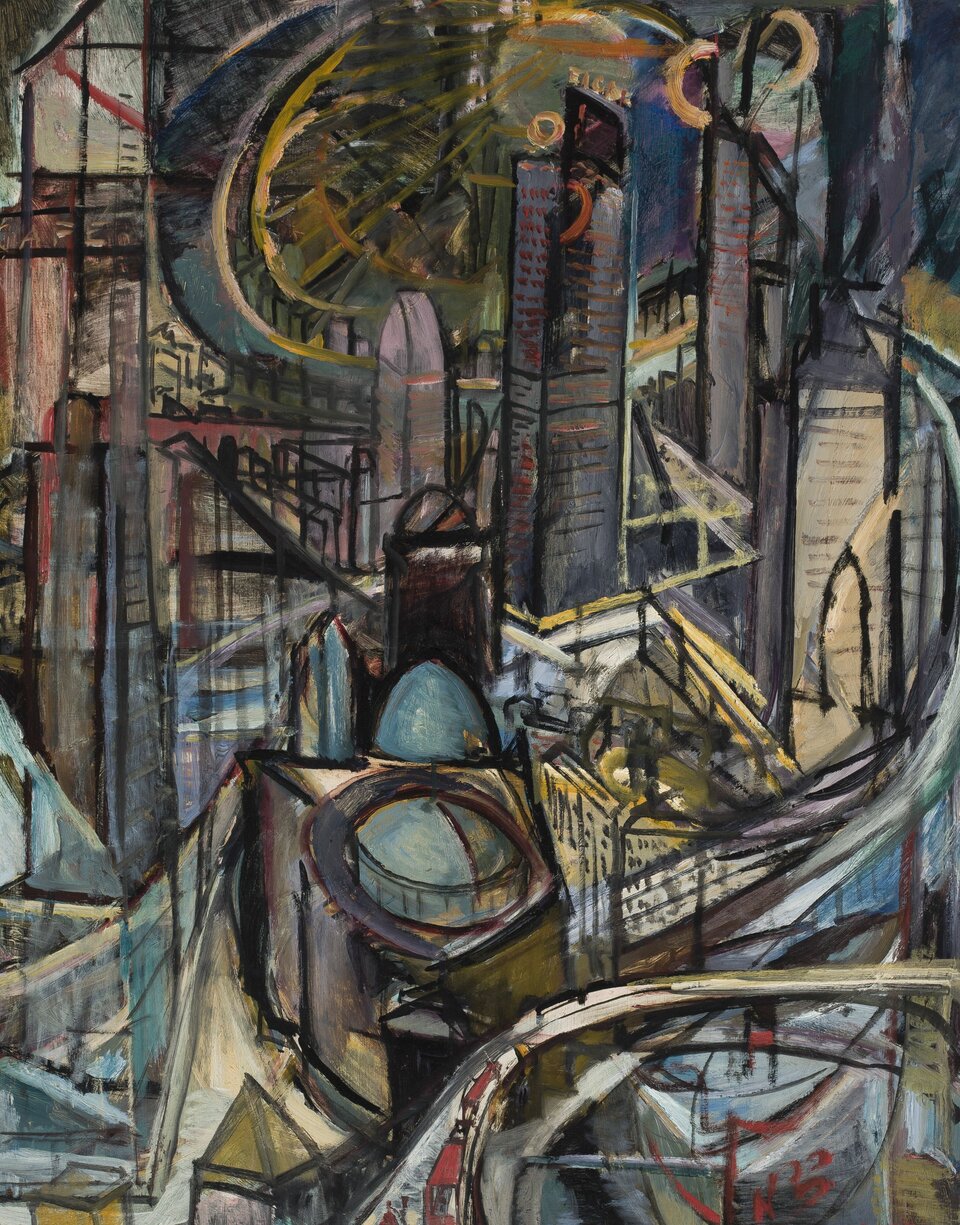 Obraz przedstawia nowoczesny, wielkomiejski pejzaż. Tworzą go liczne wieżowce. Pomiędzy nimi wiją się arterie komunikacyjne na estakadach. Główna  ulica tworzy literę  S. Pośrodku obrazu umieszczone są dwa niższe budynki zwieńczone kopułami. U góry, spomiędzy budynków wyłania się sierp księżyca.