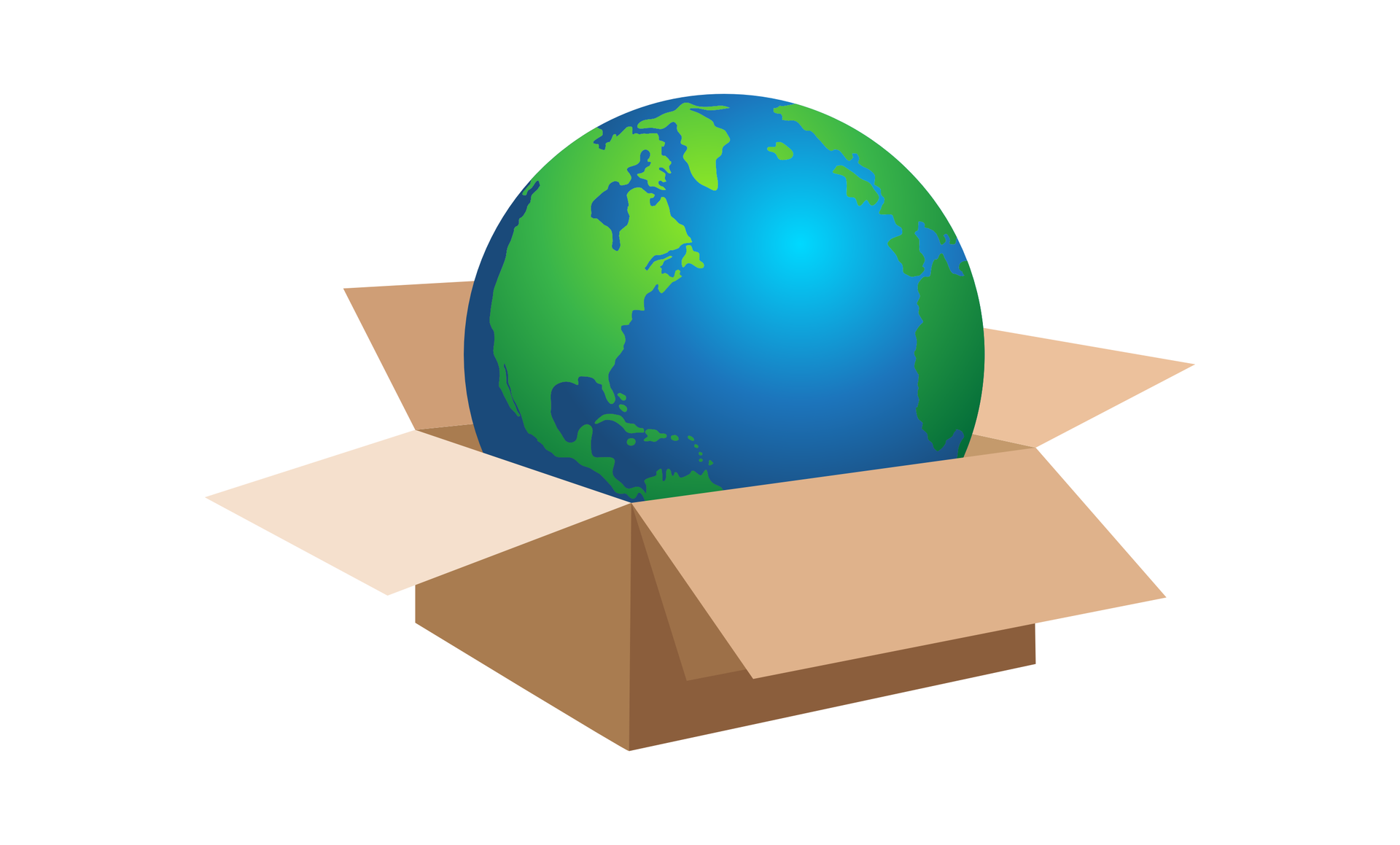 Grafika przedstawia niebiesko—zieloną kulę ziemską, która częściowo znajduje się w otwartym, kartonowym pudełku.