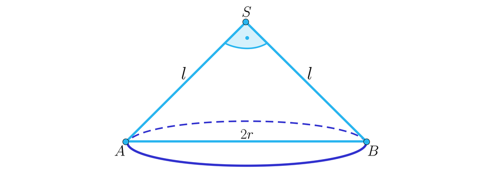 Ilustracja przedstawia trójkąt prostokątny  ABS, przyprostokątne AS oraz BS są podpisane literą l. Odcinek AB podpisano dwa r. Przez punkty A oraz B przechodzi okrąg. 