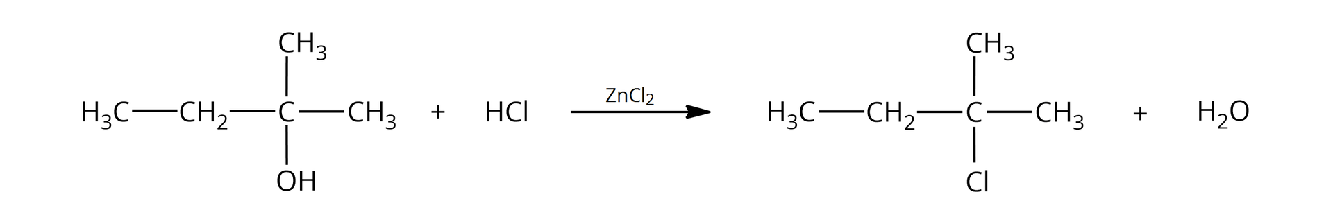 Ilustracja przedstawia równanie: <math aria‑label="C H indeks dolny, trzy, koniec indeksu dolnego, — C H indeks dolny, dwa, koniec indeksu dolnego, — C nawias, C H indeks dolny, trzy, koniec indeksu dolnego, zamknięcie nawiasu, O H — C H indeks dolny, trzy, koniec indeksu dolnego, plus, H C l Z n C l indeks dolny, dwa, koniec indeksu dolnego, powyżej, strzałka w prawo, C H indeks dolny, trzy, koniec indeksu dolnego, — C nawias, C H indeks dolny, trzy, koniec indeksu dolnego, zamknięcie nawiasu, C l — C H indeks dolny, dwa, koniec indeksu dolnego, — C H indeks dolny, trzy, koniec indeksu dolnego, plus, H indeks dolny, dwa, koniec indeksu dolnego, O">CH3—CH2—CCH3OH—CH3+HCl→ZnCl2CH3—CCH3Cl—CH2—CH3+H2O.