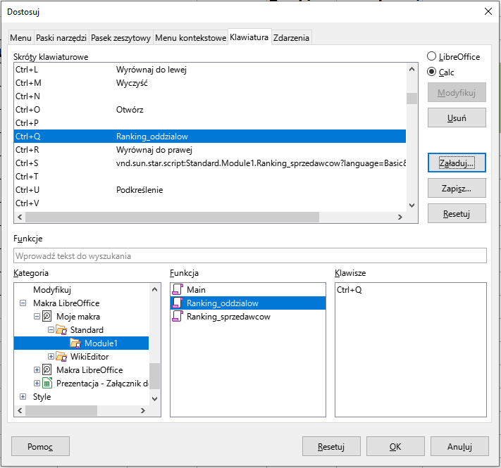 Ilustracja przedstawia okno o nazwie Dostosuj. Z sekcji o nazwie Skróty klawiaturowe wybrano Ctrl+Q ranking _oddziałów. Następnie z sekcji o nazwie Kategoria wybrano Module1. Z sekcji Funkcja wybrano Ranking_oddziałów, w sekcji Klawisze  jest skrót Ctrl+Q. Wybrano przycisk Załaduj. W dolnej części okna przyciski: Pomoc, Resetuj, OK, Anuluj. 
