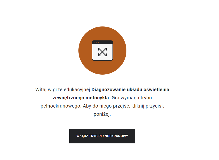 Grafika przedstawia ekran startowy gry z komunikatem o trybie pełnoekranowym, uruchamianym za pomocą przycisku niżej.