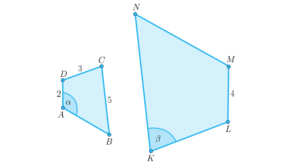 Ilustracja przedstawia czworobok A B C D z zaznaczonym kątem alfa przy wierzchołku A. Odcinek A D ma długość dwa, odcinek D C ma długość trzy, natomiast odcinek B C ma długość pięć. Obok czworoboku A B C D znajduje się czworobok K L M N, z zaznaczonym kątem beta przy wierzchołku K. Odcinek L M ma długość cztery i jest najkrótszym odcinkiem w figurze. 