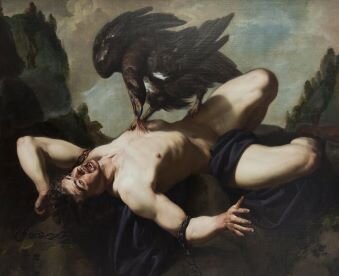 Na obrazie znajduje się mężczyzna przykuty łańcuchami do skalnego podłoża. Jest nagi. Na jego ciele siedzi ogromny czarny ptak, który dziobie jego brzuch. Mężczyzna ma wykrzywione w grymasie usta i rozpostarte ręce. 