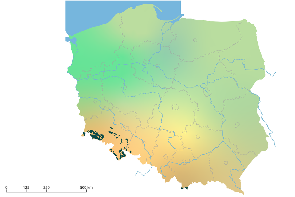 Mapa A. Na mapie Polski w województwie dolnośląskim (na zachodzie, w centrum oraz na południowym‑wschodzie) i na południu województwa małopolskiego oraz opolskiego są ciemnozielone punkty. W województwie małopolskim i opolskim to niewielki obszar. 