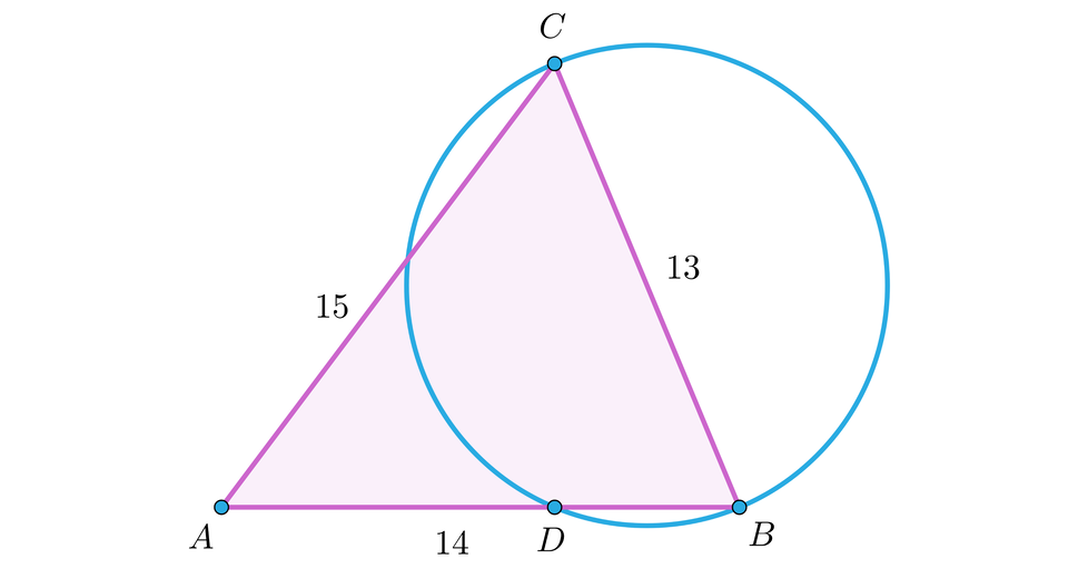 Grafika przedstawia okrąg oraz trójkąt.  Na okręgu zaznaczone są 3 punkty: B, C, D. Poza okręgiem, z lewej strony znajduje się punkt A. Wierzchołki trójkąta to punkty A, B i C, przy czym Punkt D leży na odcinku AB. Długość odcinka AC to 15. Długość odcinka AB to 14, długość odcinka BC to 13.
