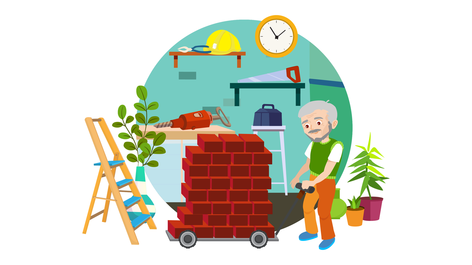 Ilustracja przedstawia warsztat. W tle widać turkusową ścianę, na której po prawej stronie wisi okrągły pomarańczowy zegar ze wskazówkami. Na lewo od zegara jest zawieszona brązowa półka. Leżą na niej biało‑granatowe kombinerki, czyli narzędzie przypominające szczypce, oraz żółty kask ochronny. Nieco niżej, bezpośrednio pod zegarem, jest zawieszona ciemnozielona półka, na której leży długa srebrna piła z czerwonym uchwytem. Poniżej stoi wysoki srebrny stolik, a na nim granatowa skrzynka z narzędziami. Po lewej stronie stoi pod ścianą szafka z jasnobrązowym blatem, na którym leży kolejne narzędzie z uchwytem i zaostrzoną podłużną końcówką. Jest to szaro‑czerwony młot pneumatyczny. Obok szafki stoi na podłodze wysoki wazon w biało‑turkusowe pasy. Znajdują się w nim trzy gałązki z licznymi zielonymi listkami. Przy wazonie jest ustawiona brązowa drabina z niebieskimi stopniami. Po prawej stronie ilustracji stoją na podłodze dwie zielone rośliny – pierwsza z nich ma pomarańczową donicę, a druga bordową. Na lewo od roślin stoi pusty pękaty zielony wazon. Na pierwszym planie znajduje się wózek składający się z prostokątnej szarej platformy na czterech kółkach i długiego uchwytu. Na platformie jest ułożonych dużo czerwonych cegieł, a przy uchwycie stoi mężczyzna. Ma siwe włosy, wąsy i krótką brodę. Jest ubrany w białą koszulkę z krótkimi rękawami, zieloną kamizelkę zakładaną przez głowę, długie pomarańczowe spodnie i niebieskie buty. Spogląda na cegły ułożone na platformie, a lewą dłonią trzyma uchwyt wózka.