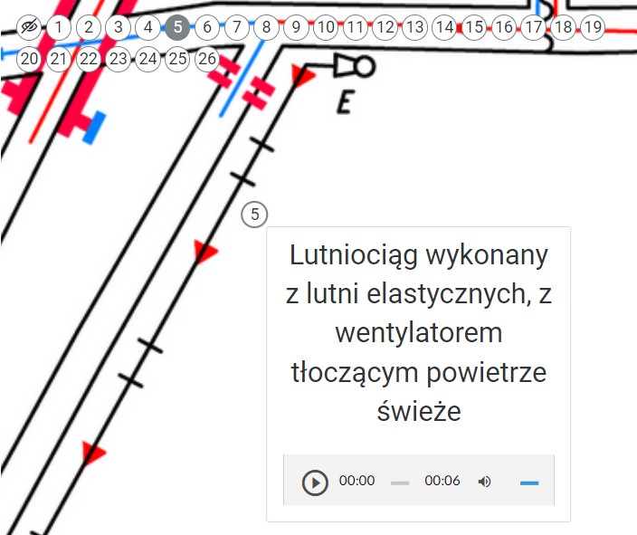 Przykładowy wygląd infografiki z otwartą ramką z tekstem i panelem do odsłuchania nagrania audio