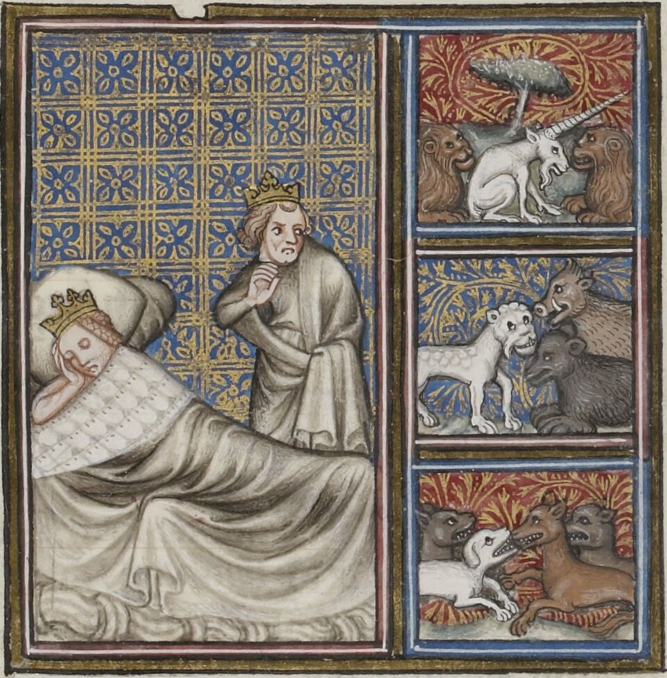 Kolorowa miniatura przedstawia śpiącą pod kołdrą królewnę w koronie oraz stojącego nad nią króla ubranego w szare szaty i koronę. Król jest zaniepokojony. Na mniejszych miniaturach po prawej stronie znajdują się liczne przerażające prawdziwe i mityczne zwierzęta. 