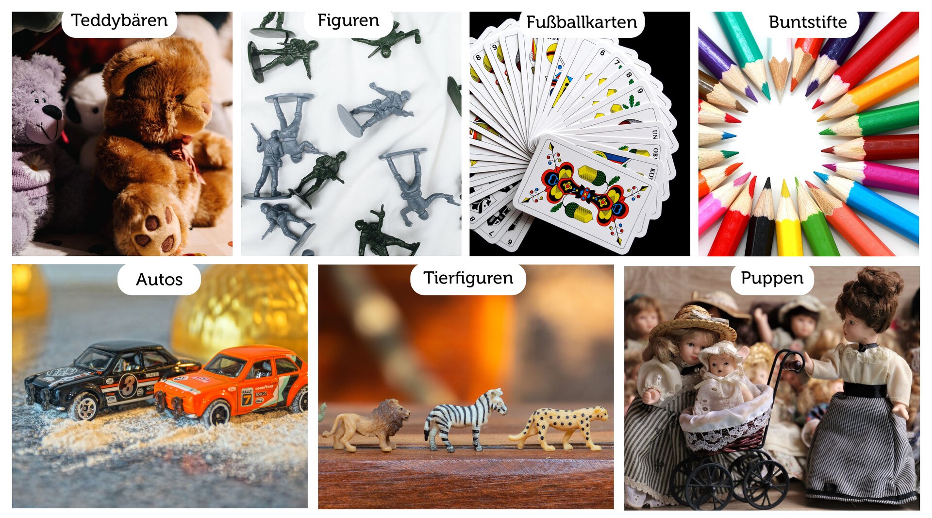 Kolaż składa się z siedmiu ilustracji. Pierwsza z pluszowymi misiami jest podpisana Teddybären. Druga z malutkimi figurkami żołnierzyków jest podpisana: Figuren. Trzecia z kartami do gry z podpisem: Fußballkarten. Czwarta ilustracja to kredki ułożone w okrąg z rysikami do środka z podpisem Buntstifte. Piąta z małymi autkami podpisana Autos. Szósta z małymi figurkami lwa, zebry i geparda podpisana Tierfiguren. Siódma przedstawia kilka porcelanowych lalek z podpisem Puppen.