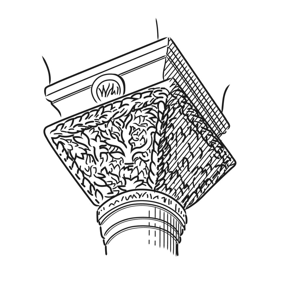 Czarno‑biała ilustracja przedstawia głowicę koszową nasadnikową, o kształcie czworokąta - trapezu. Na głowicy umieszczono relief przedstawiający roślinny wzór - drzewo oraz liście. 