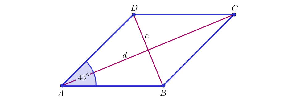 Ilustracja przedstawia romb abcd długość krótszej przekątnej ma miarę a, a długość dłuższej ma miarę d. Kąt przy wierzchołku A wynosi 45 stopni